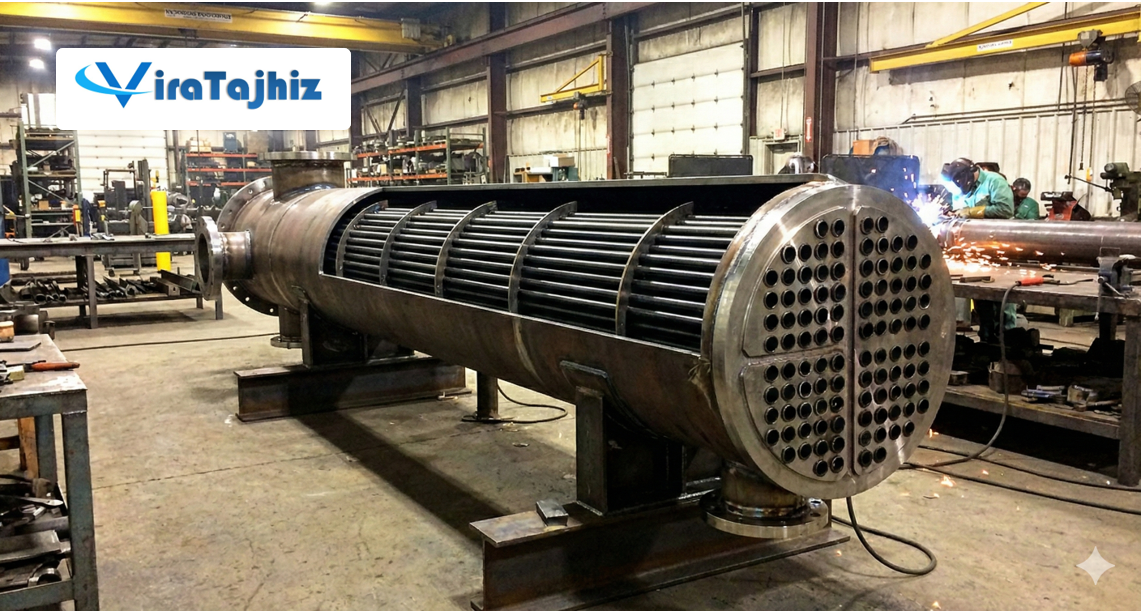 فرآیند ساخت مبدل حرارتی پوسته و لوله در کارگاه صنعتی ویرا تجهیز صنعت؛ نمونهای از دقت بالا در مونتاژ لولهها و اتصالات برای افزایش بازدهی حرارتی و دوام دستگاه در شرایط کاری سنگین.