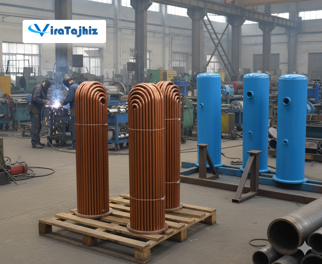 لولههای مسی خمشده و پوستههای آماده رنگآمیزی در خط تولید شرکت تجهیز گستران سپیدار شریف با برند ویرا تجهیز صنعت؛ گامی مهم در تولید مبدلهای پوسته و لوله با استانداردهای جهانی.